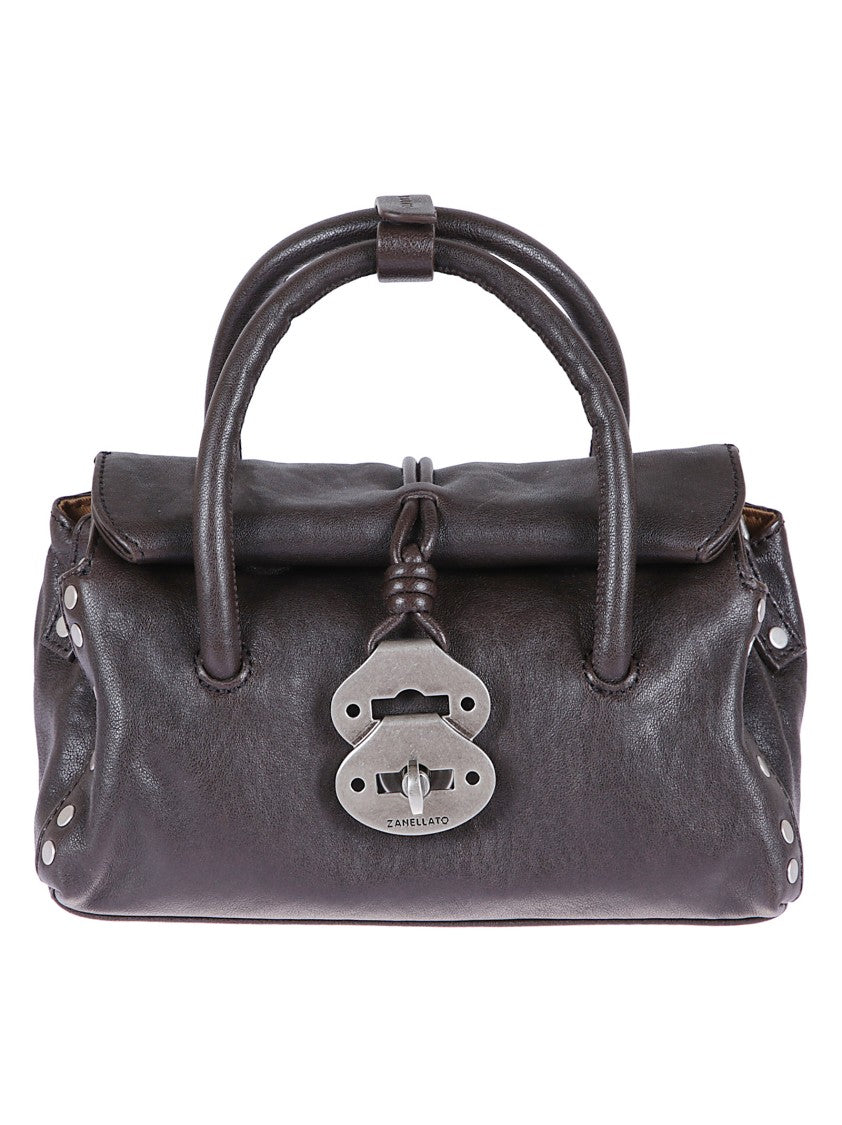 Zanellato Charcoal Brown Leather Shoulder Bag With Twist Lock Closure