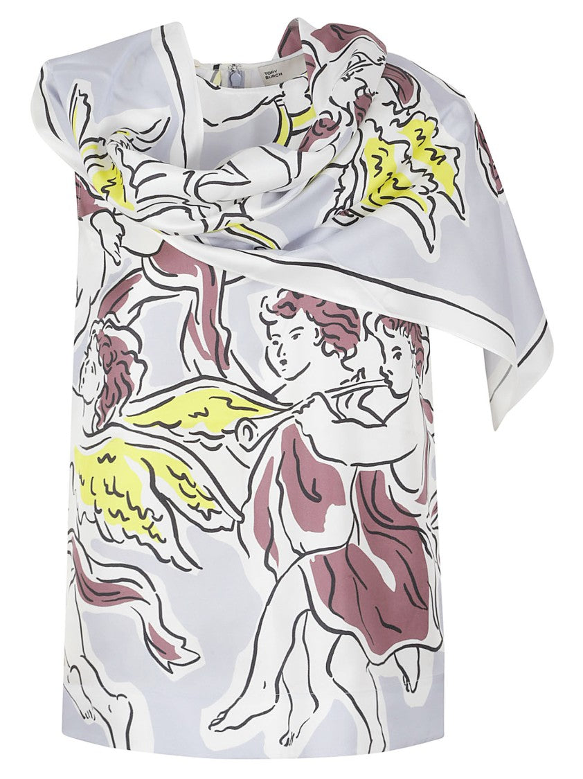 Tory Burch Silk Top With Cape-Style And Cherub Motif