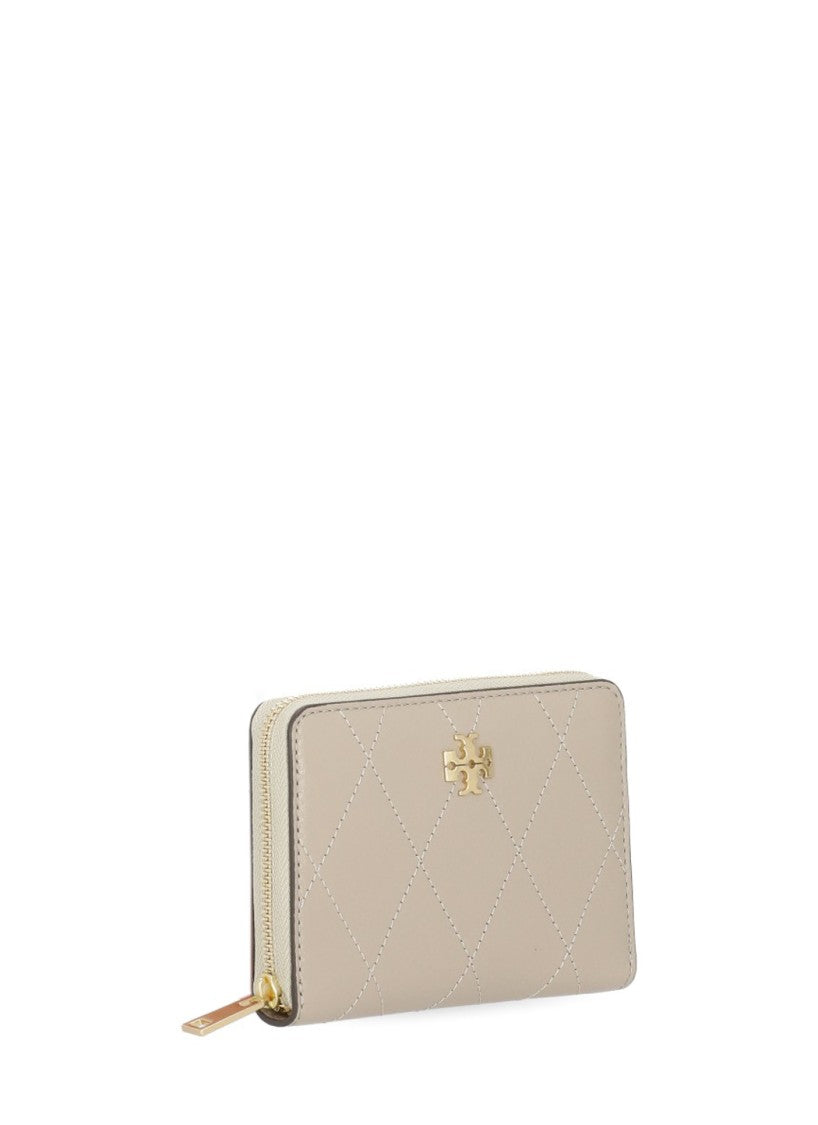 Tory Burch Beige Quilted Leather Gold Logo Zip Wallet