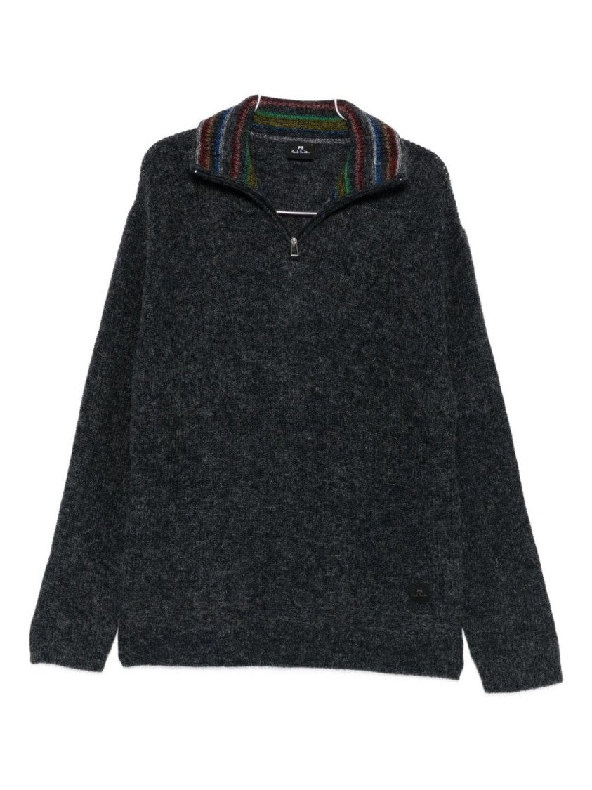 Paul Smith Half-Zip Charcoal Knit Sweatshirt With Striped Collar