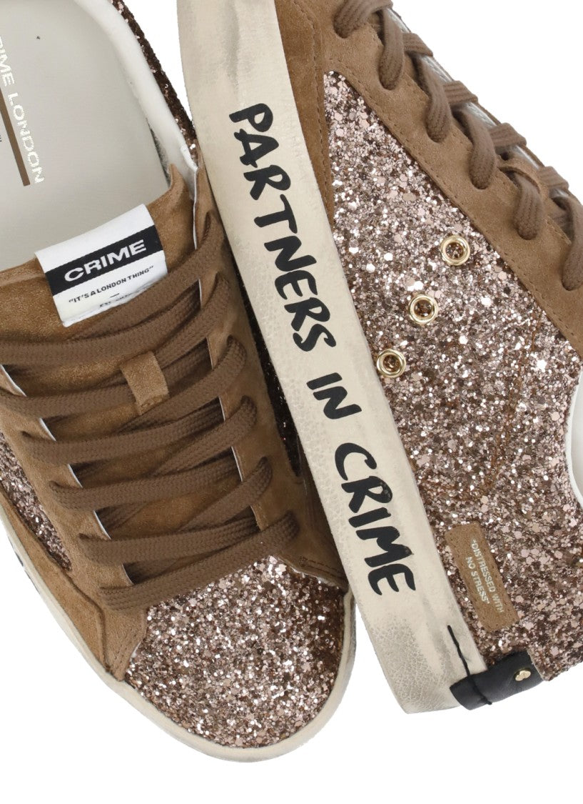 Crime London Brown Glitter Suede Inserts Leather Sneakers