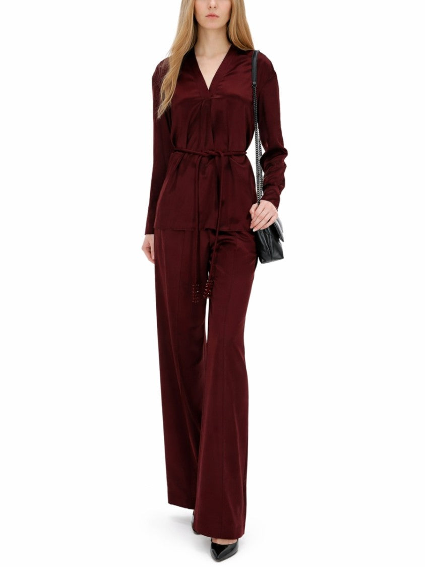 Tory Burch Deep V-Neck Satin Burgundy Belted Top