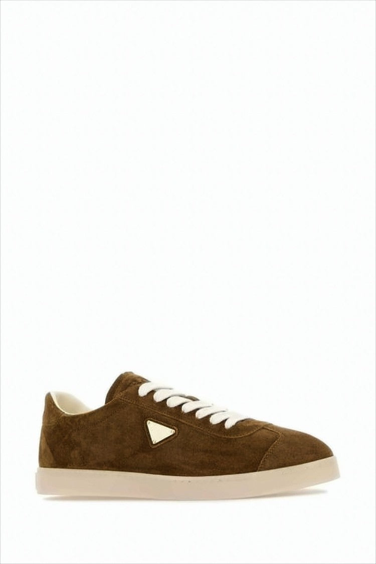 Prada Low-Top Suede And Calf Leather Sneakers With Triangular Logo Plaque