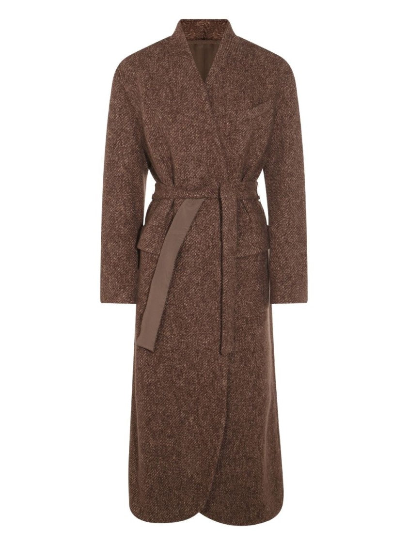 Brunello Cucinelli Textured Brown Long Coat With Wrap-Style Front