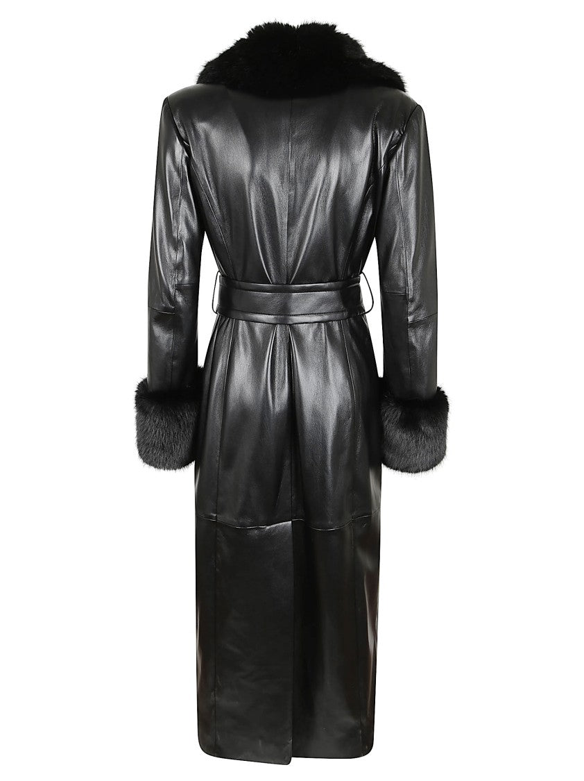Stand Studio Black Long Coat With Plush Fur Collar And Tailored Belt