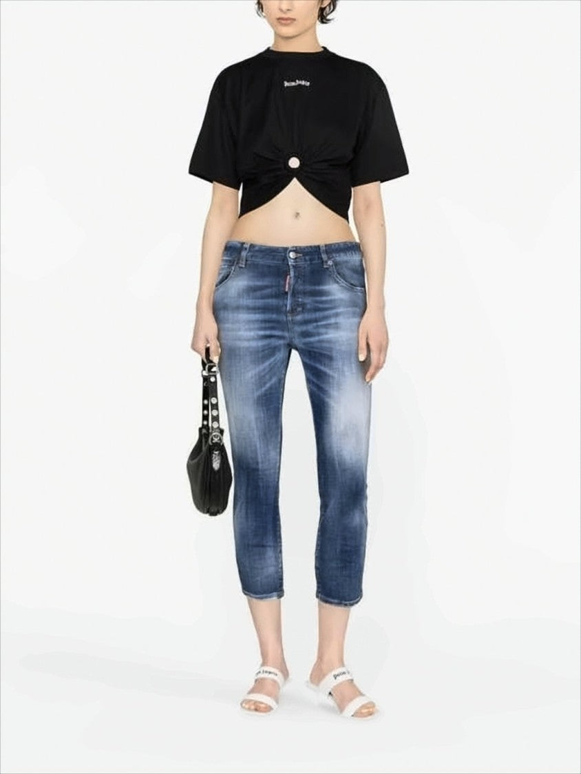 Palm Angels Cropped Black Cotton Top With Front Twist Detail