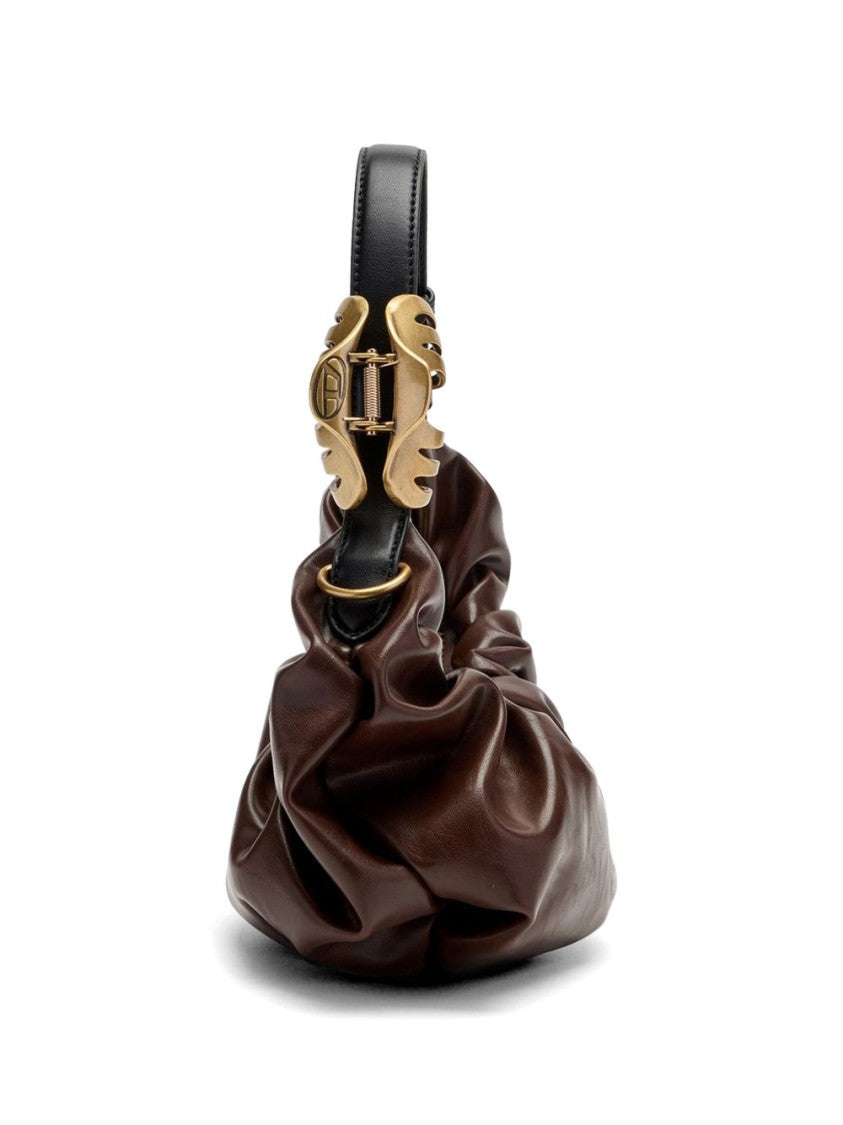 Diesel Ruched Brown Silk And Nylon Bag With Gold Hardware Accents