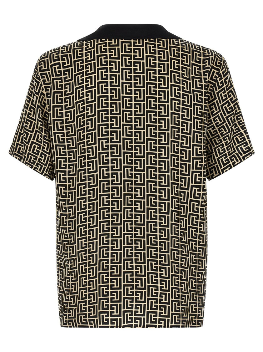 Balmain Geometric Monogram Cupro Bowling Shirt With Contrast Collar