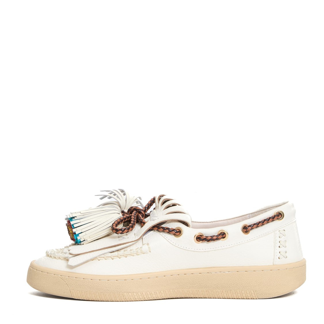 Elena Iachi White Leather Tassel Moccasin