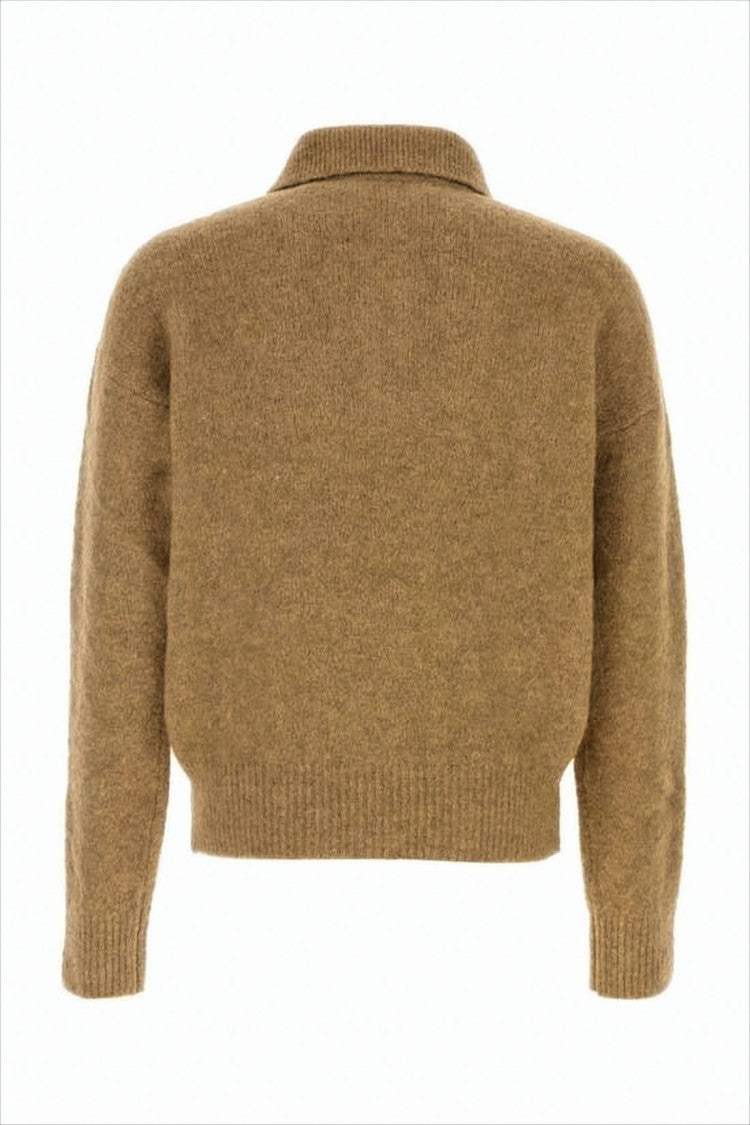 Ami Paris Cropped Long-Sleeve Polo Sweater In Soft Alpaca Blend