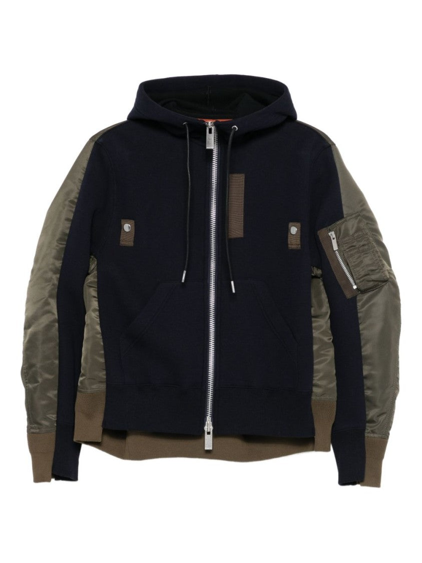 Sacai Midnight Blue Zip-Through Hoodie With Contrasting Olive Satin Sleeves