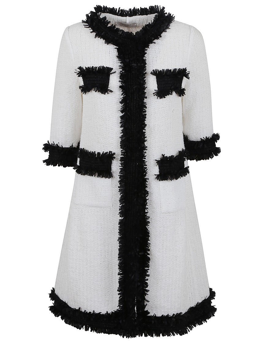 Charlott Textured White Cotton Jacket With Fringe Trim