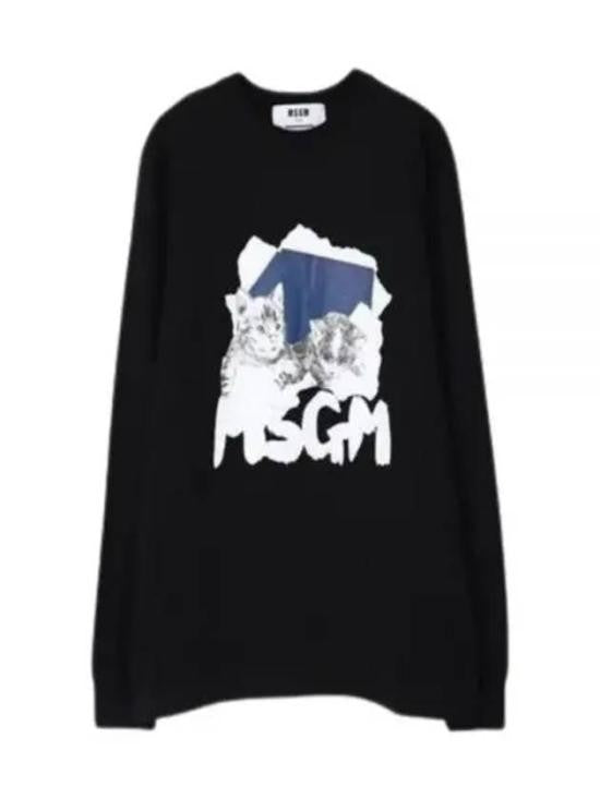 Msgm Long-Sleeve Black Cotton T-Shirt With Graphic Cat Print