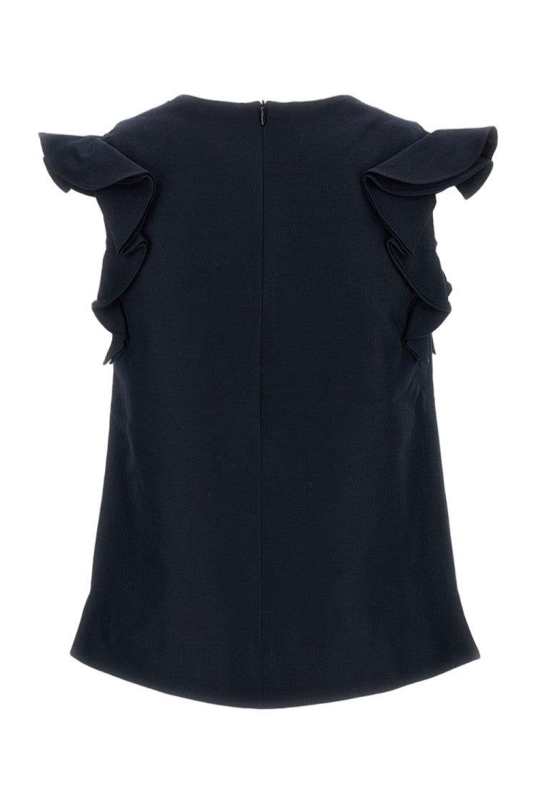 Shushu/Tong Blue Lace Cap Sleeve Bow Embellished Wool-Blend Top