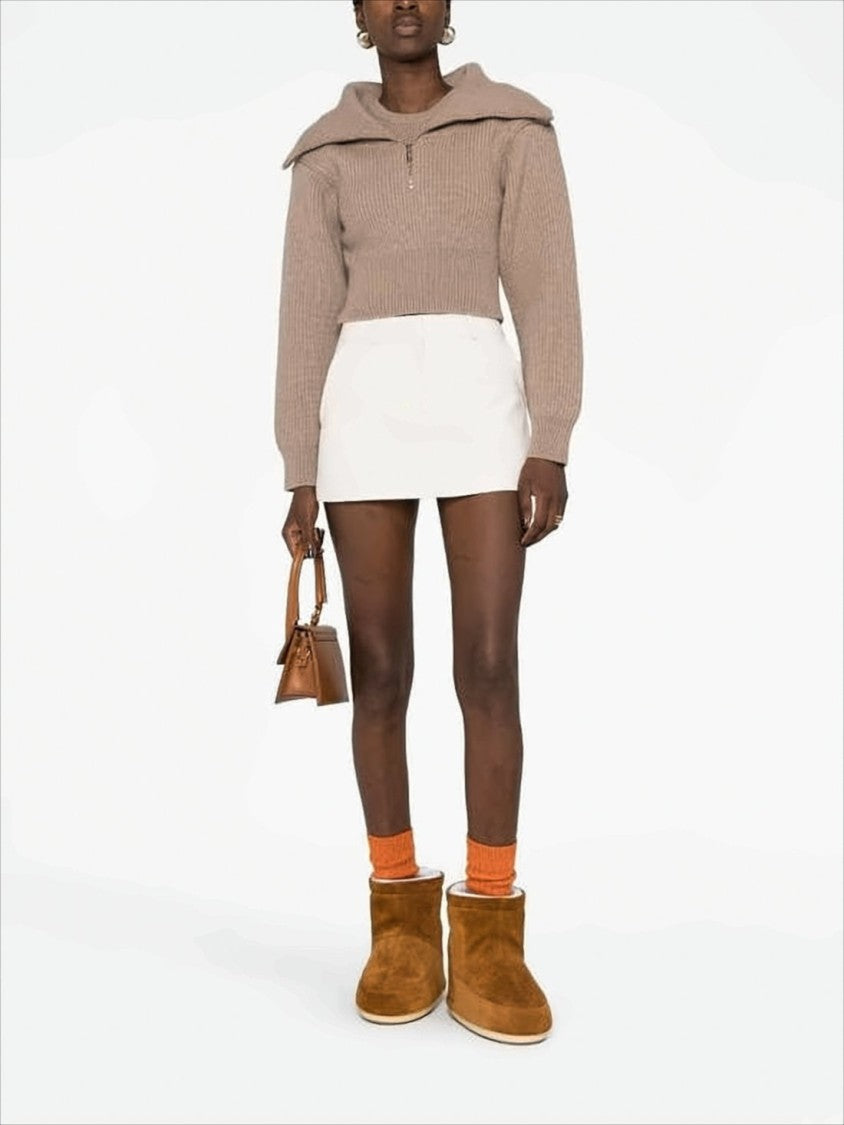 Jacquemus Cropped Brown Wool Sweater With Fold-Over Collar