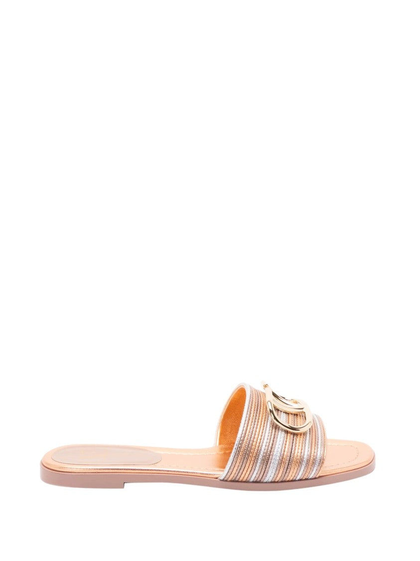 Valentino Slide Metallic Logo Striped Slide Sandals