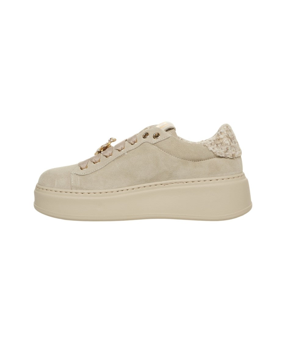 Gio+ Beige Suede Platform Sneakers With Golden Charm Laces