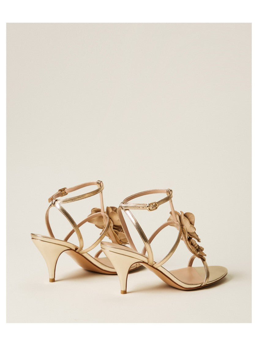 Twin-Set Kitten Heel Sandals With Metallic Gold Finish