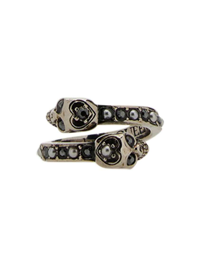 Alexander Mcqueen Twin Skull Intricate Dark Stones Brass Ring