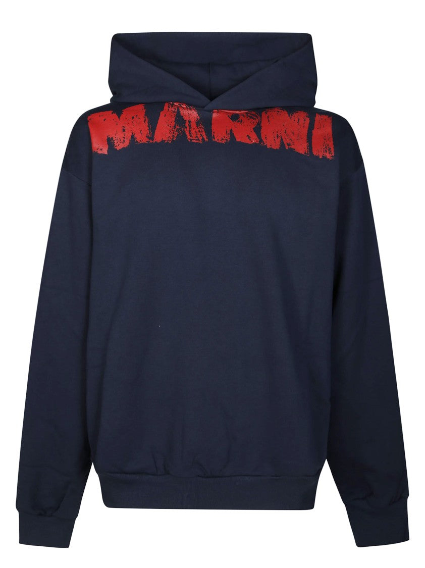 Marni Navy Blue Hoodie With Distressed Red Graphic