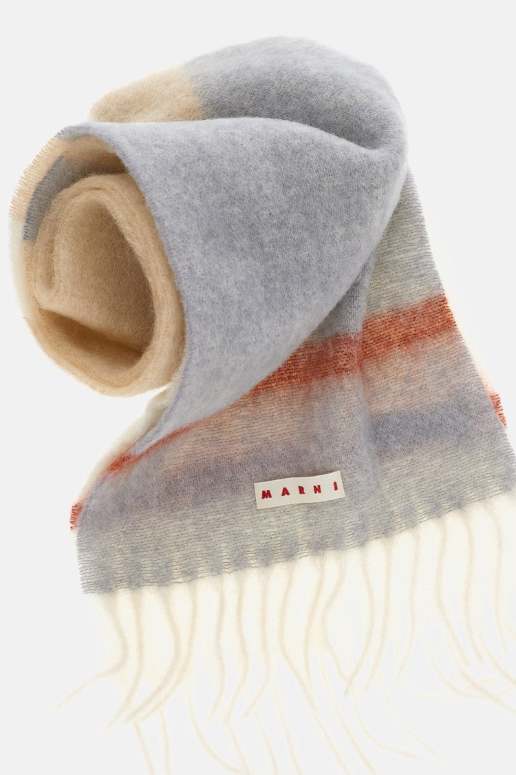 Marni Multicolour Wool Scarf With Fringed Edges And Logo Label