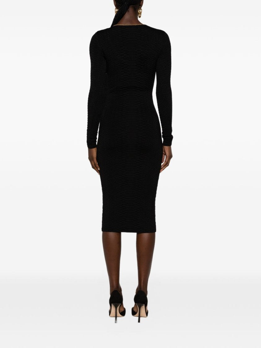 Elisabetta Franchi Black Textured Gold-Chain Accent Midi Dress