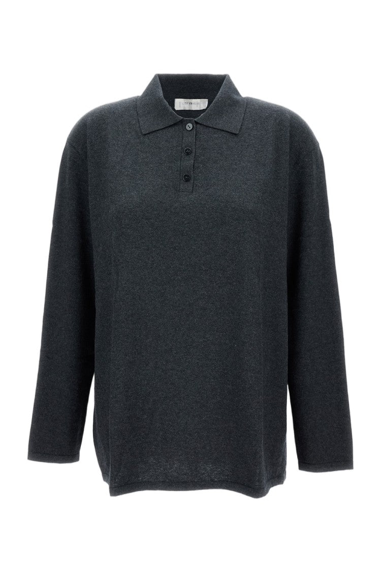 Lisa Yang Polo Collar Cotton Blend Sweater With Ribbed Trim