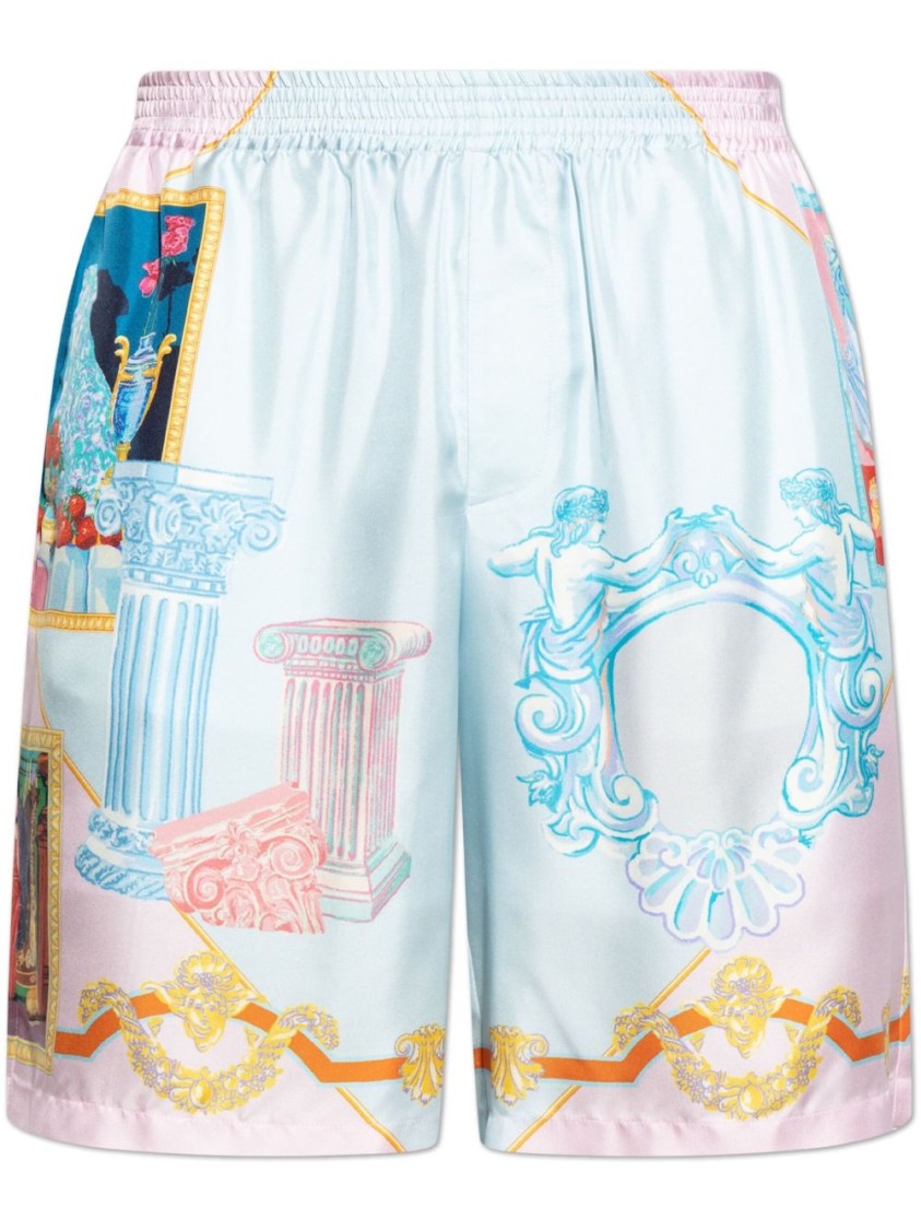 Versace Silk Twill Shorts With Vibrant Classical Motifs