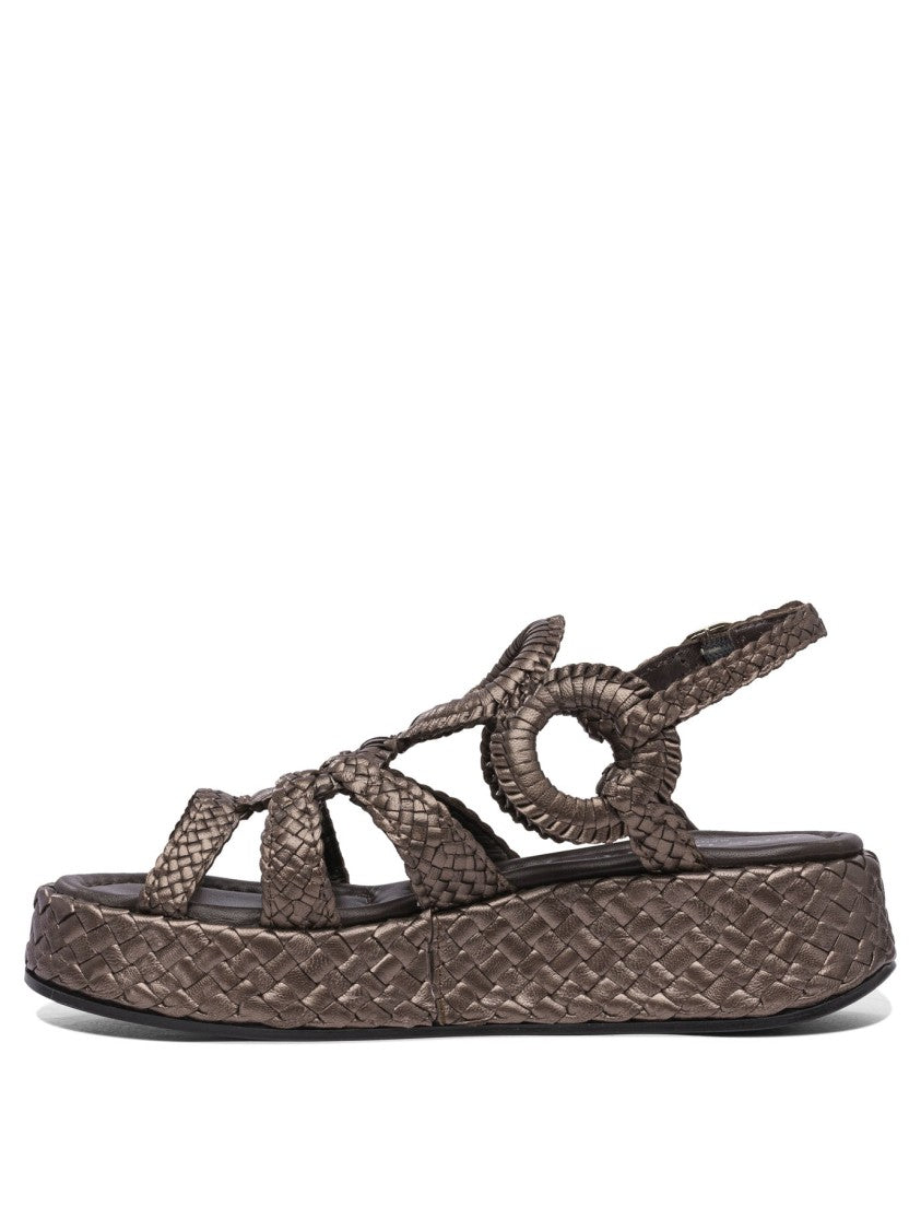 Pons Quintana Brown Woven Platform Sandals With Circular Accent