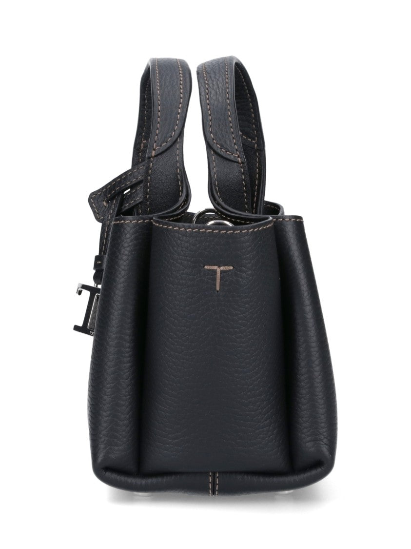 Tod's Compact Black Hammered Leather Tote With Detachable Charm