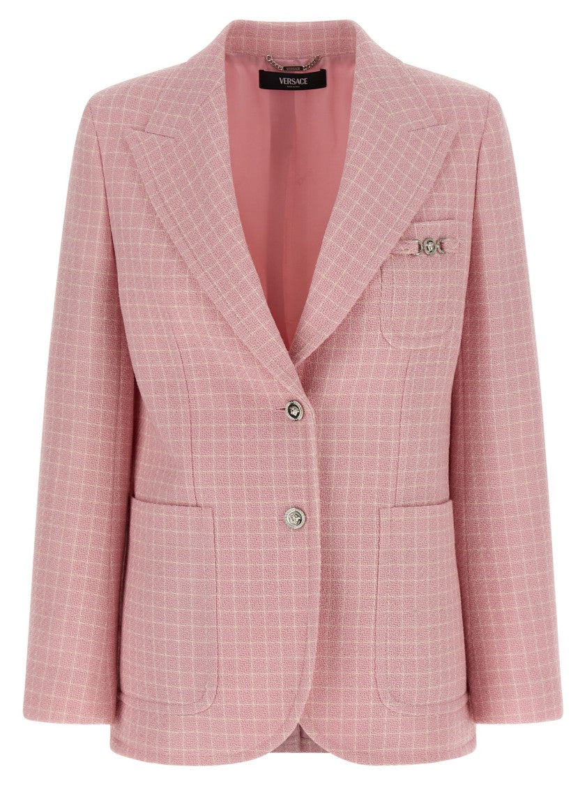 Versace Check Knit Wool Crêpe Blazer With Peak Lapels