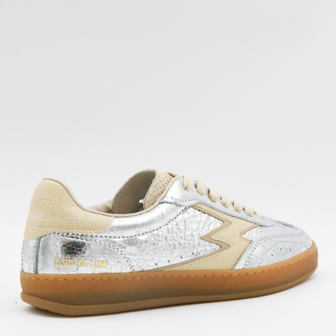 Moaconcept Crinkled Silver Sneakers With Beige Suede Accents