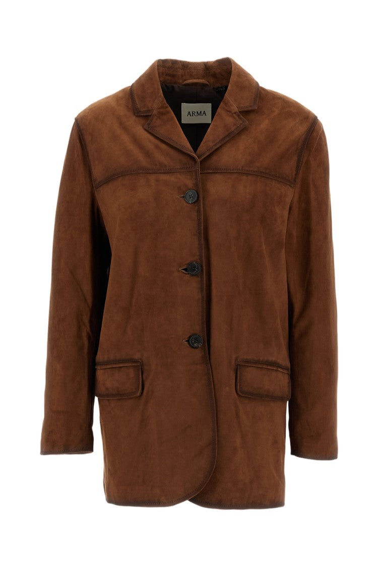 Arma Brushed Suede Leather Jacket With Camp Collar And Flap Pockets