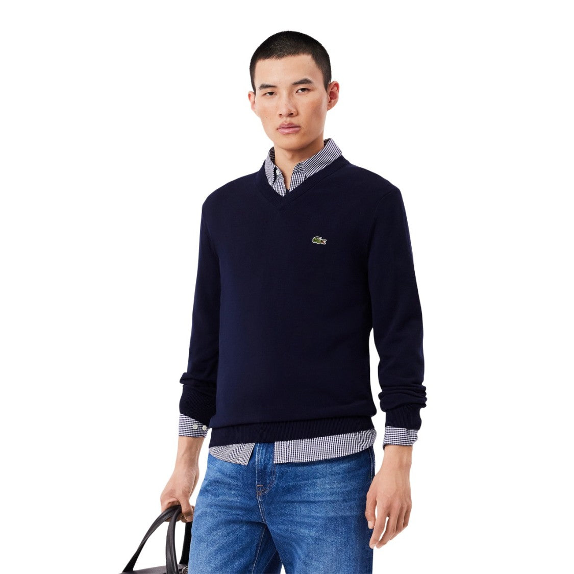 Lacoste V-Neck Jersey Sweater With Chevron Trim