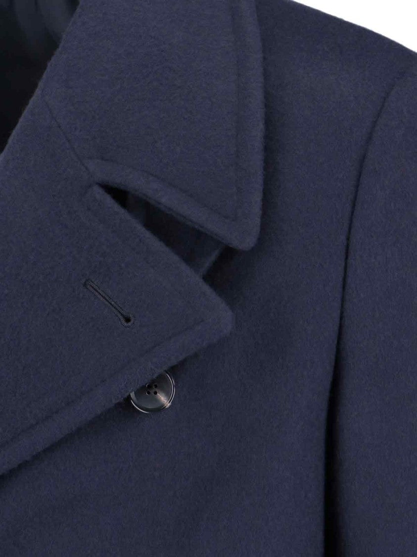 Caruso Navy Blue Double-Breasted Wool Coat With Classic Lapel