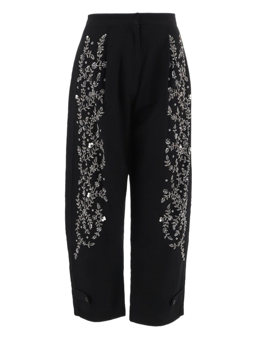 Novelle Black Floral Embroidered Tailored Cotton Straight-Leg Pants