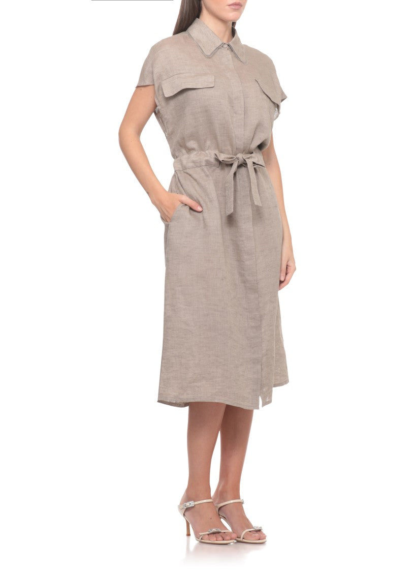 Fabiana Filippi Brown Linen Midi Dress With Classic Collar And Belted Waist