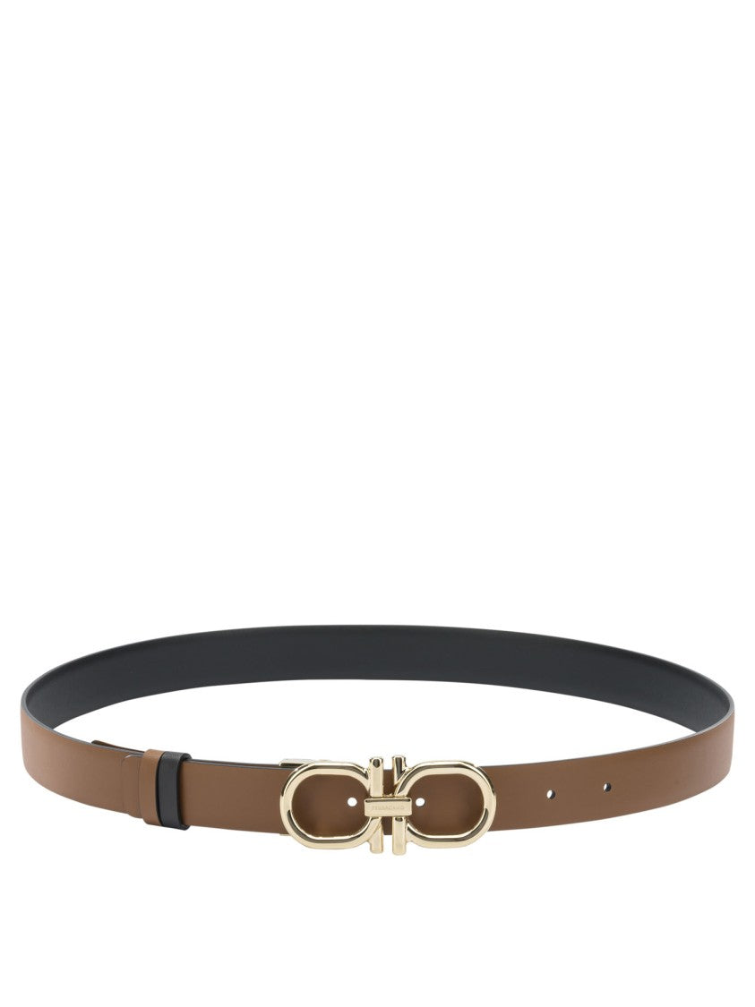 Ferragamo Reversible Leather Belt With Distinctive Gold-Tone Double Gancini Buckle