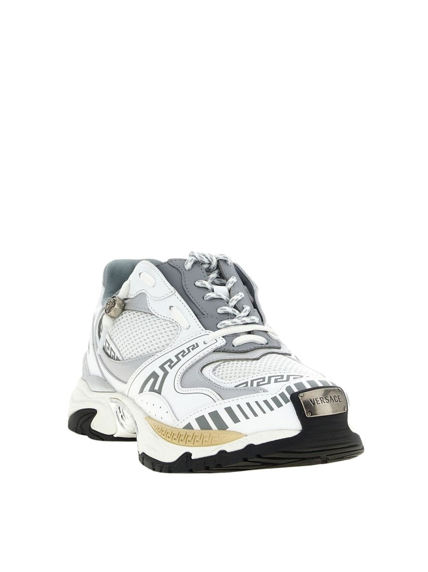 Versace Dynamic Mesh And Calf Leather Sneaker With Greek Key Patterns