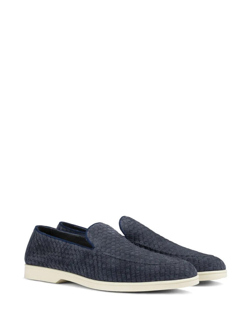 Doucal's Woven Textured Blue Loafers In Cow Leather