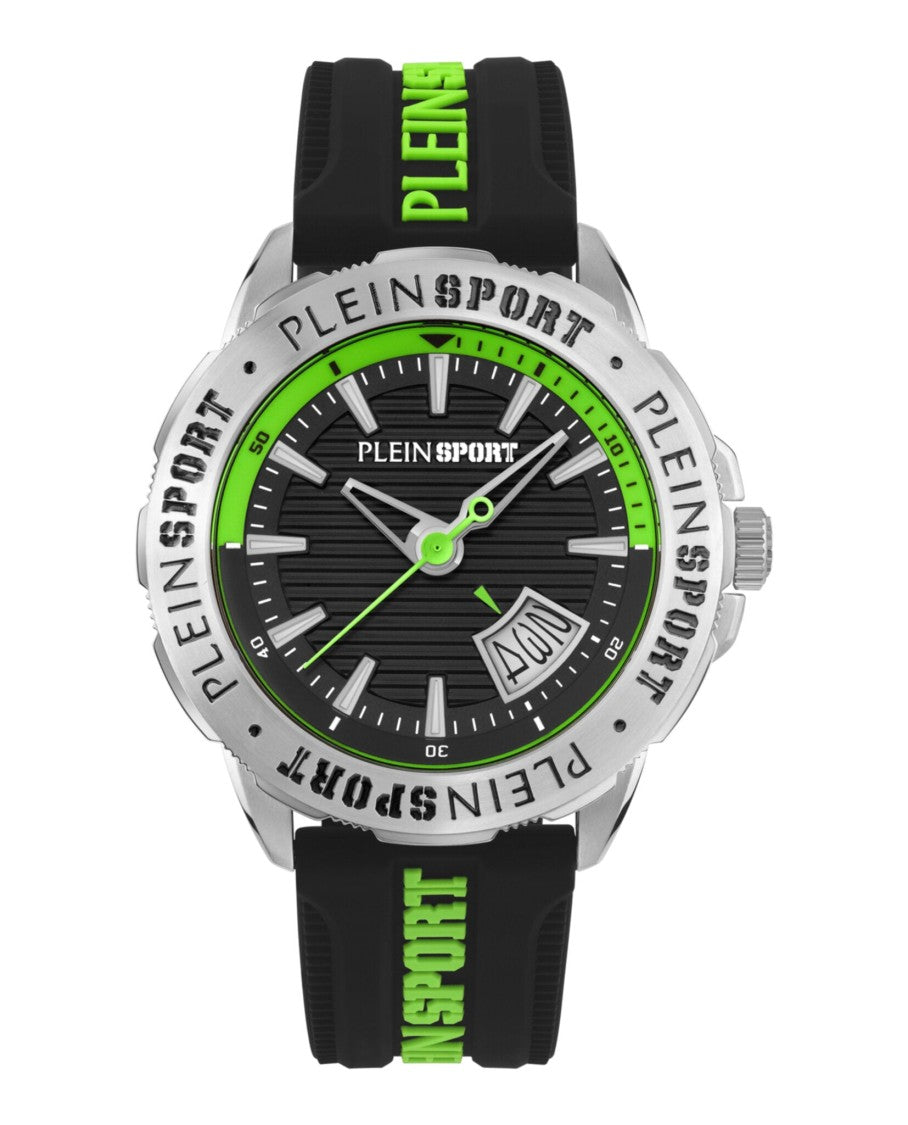 Plein Sport Bold Black Silicone Watch With Vibrant Green Accents