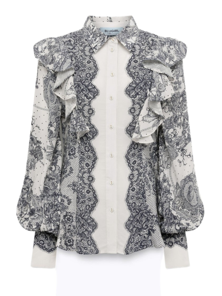 Blugirl Lace-Effect Printed Viscose Blouse With Decorative Ruffles