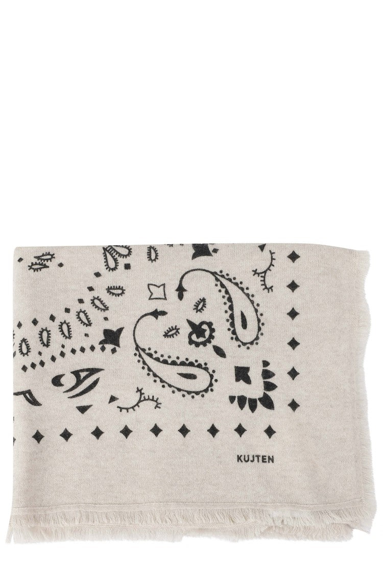 Kujiten Fringed Cashmere Scarf With Bandana Pattern