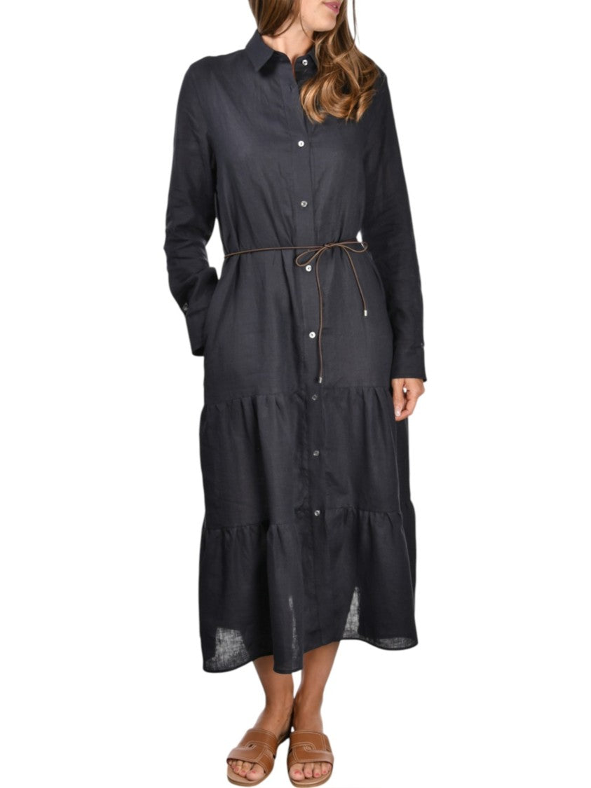 Gran Sasso Blue Tiered Skirt Linen Dress