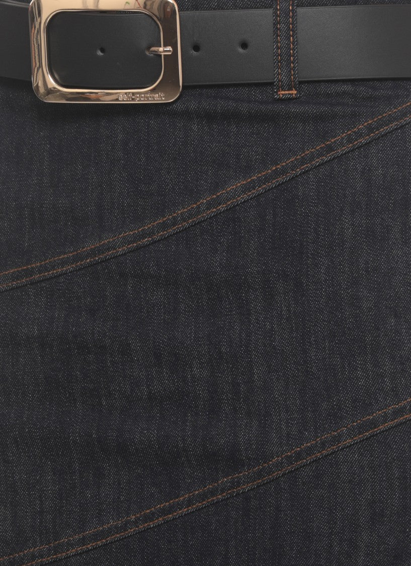 Self-Portrait Dark Denim Skirt With Mermaid Hem And Back Zipper Closure