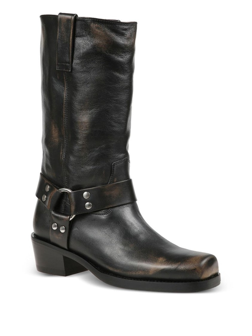 Paris Texas Black Distressed Decorative-Strap Silk-Nylon Boots