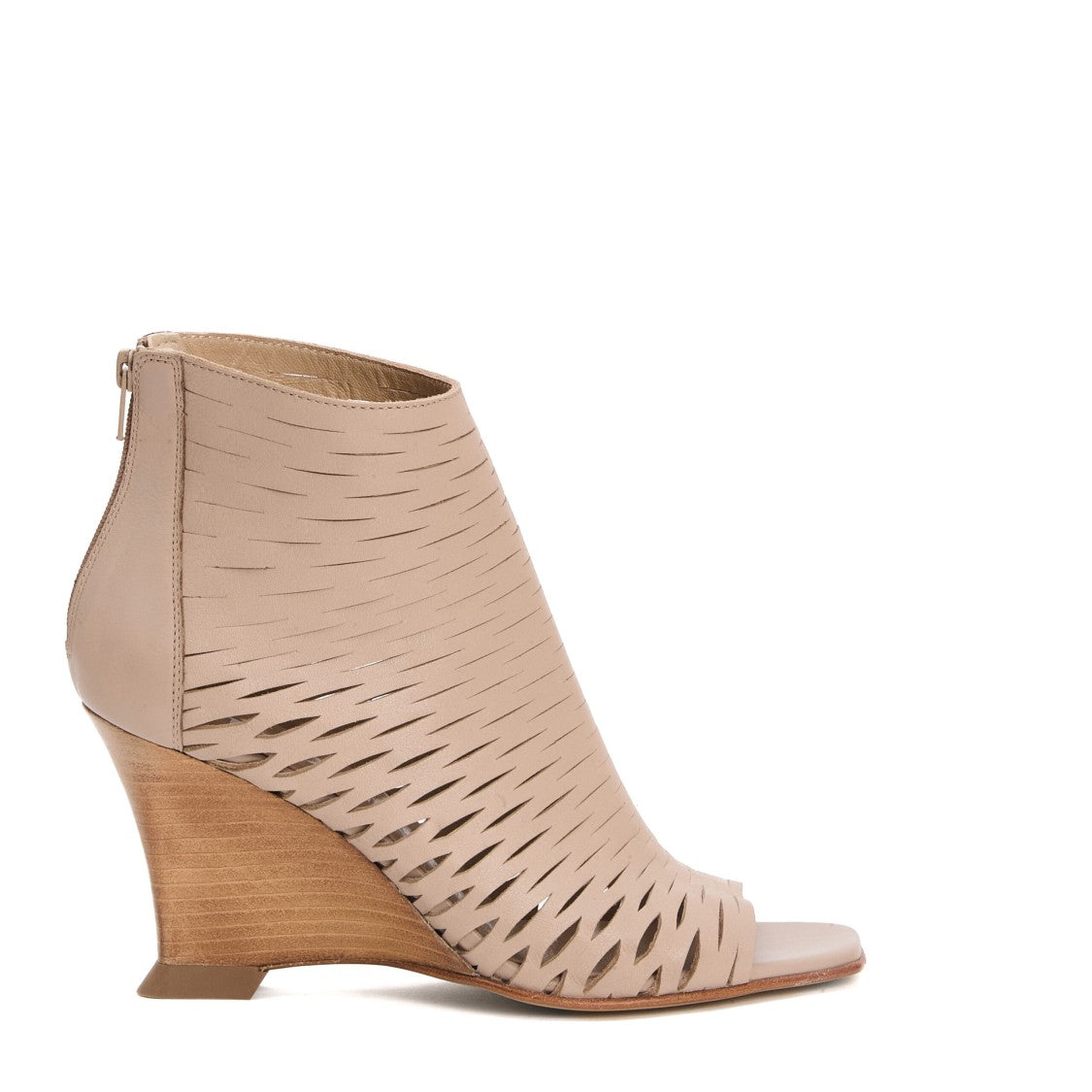 Strategia Beige Perforated Leather Open-Toe Wedge Ankle Boots