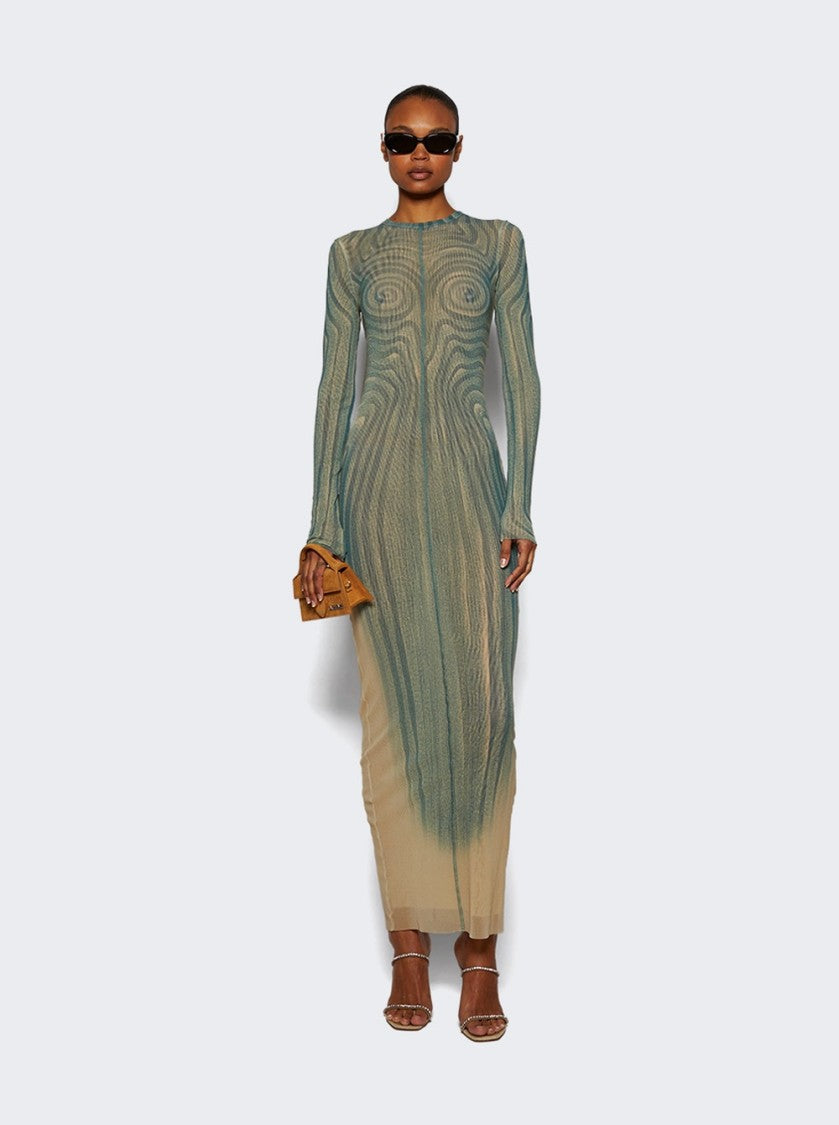 Jean Paul Gaultier Long Spiral Dress Ecru And Aqua