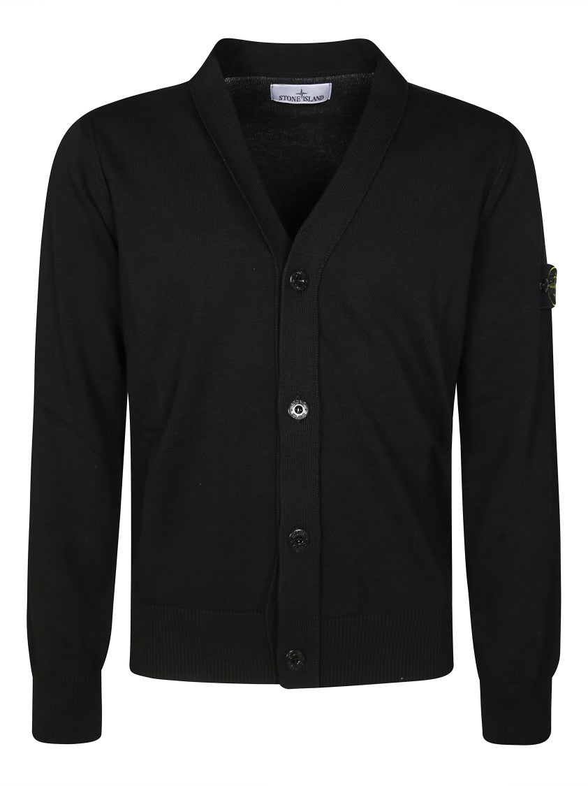 Stone Island V-Neck Black Cardigan With Distinctive Logo Patch