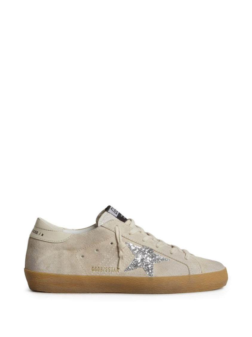 Golden Goose Beige Suede Low-Top Sneakers With Silver Glitter Star Accent